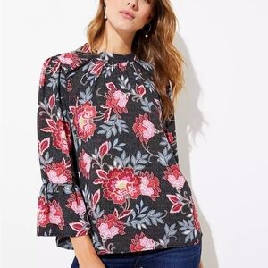 LOFT‎ Black Blouse with Pink and Red Floral Design. Just Beautiful!